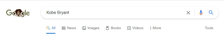 Google search results page for Kobe Bryant showing the All, News, Images, Books, and Videos result tabs.